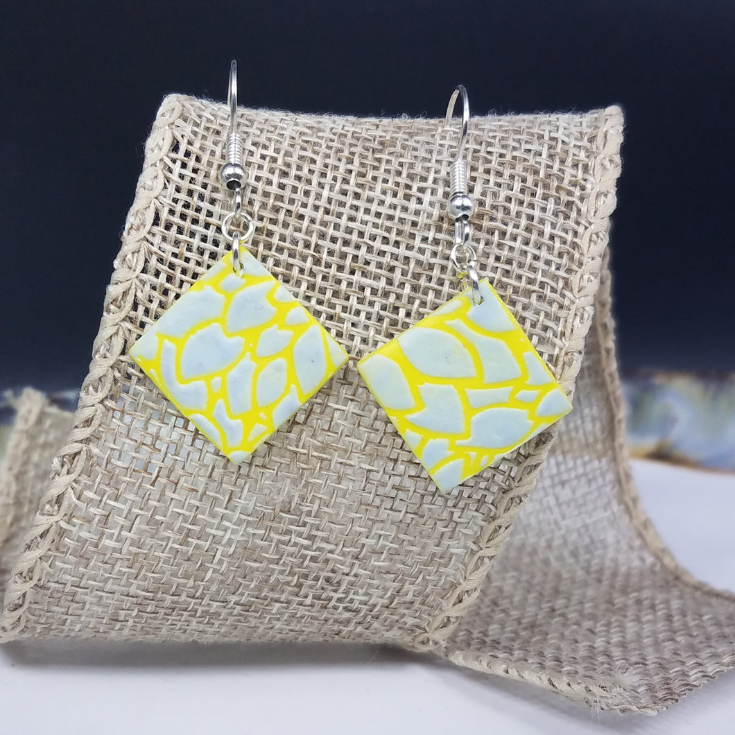 Rhombus Floral Blue & Yellow Dangle Handmade Earrings
