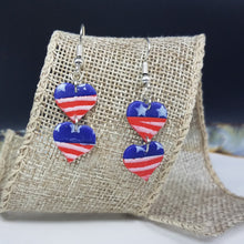 Load image into Gallery viewer, Double Heart Stars &amp; Stripes Blue &amp; Red &amp; White Dangle Handmade Earrings
