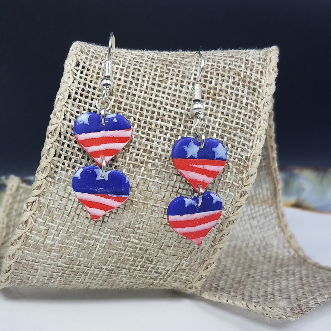 Double Heart Stars & Stripes Blue & Red & White Dangle Handmade Earrings