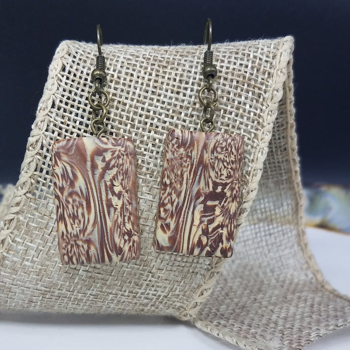Rectangle Abstract Brown & Ivory Dangle Handmade Earrings