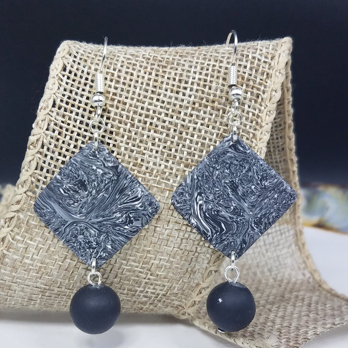 Double Bead & Rhombus Marble Black & Gray & White Dangle Handmade Earrings