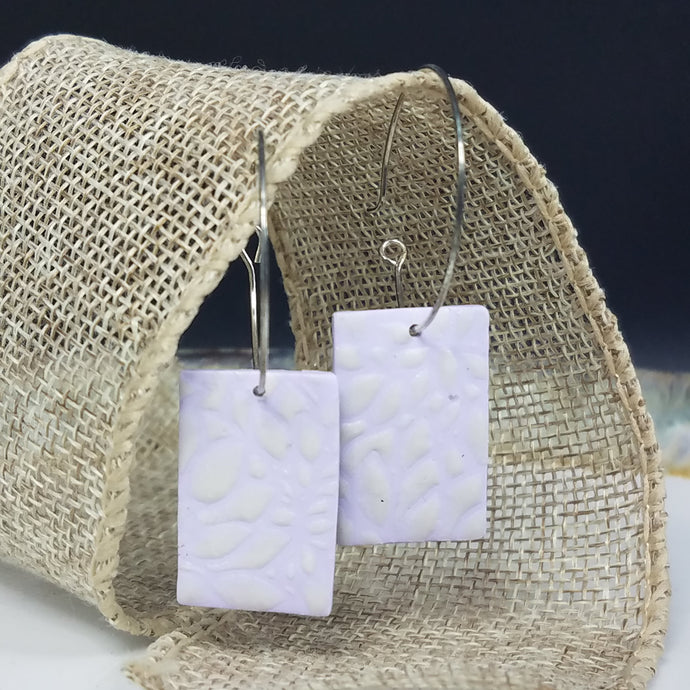 Rectangle Floral Purple & White Hoop Dangle Handmade Earrings