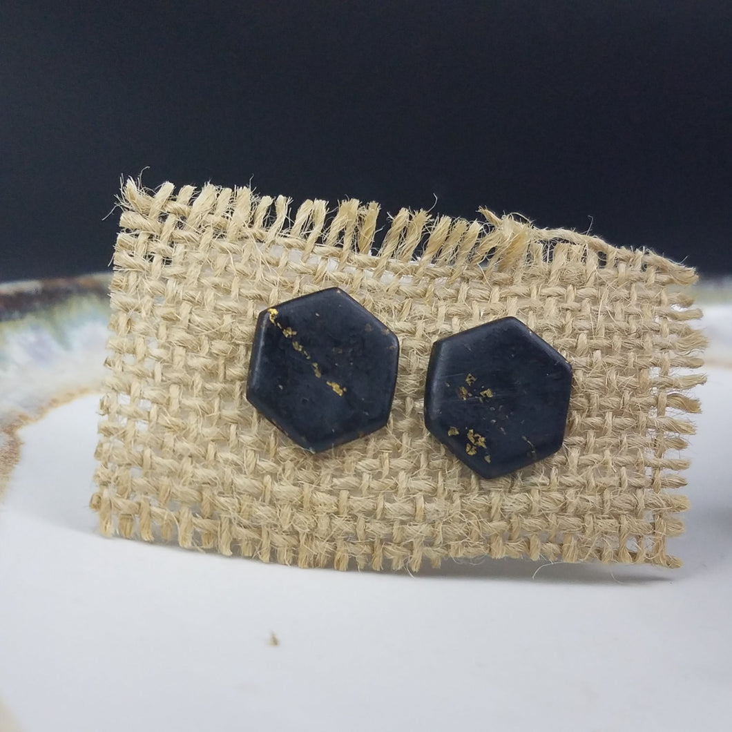 Hexagon Speckled Pattern Black & Gold Post Handmade Earrings