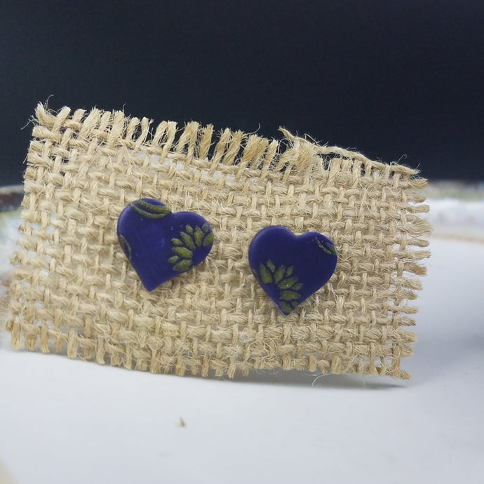 Heart Sunflower & Pumpkin Pattern Blue Post Handmade Earrings