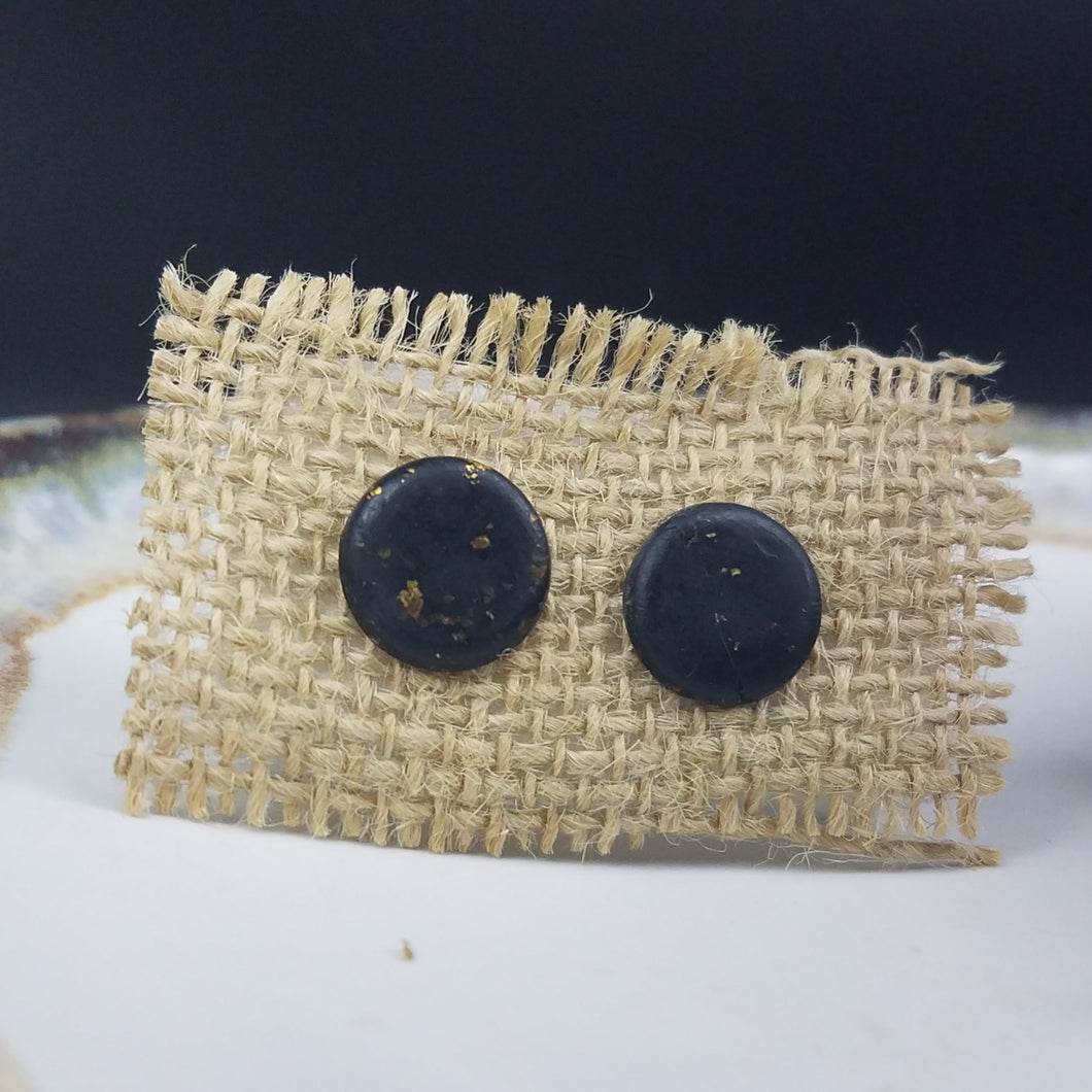 Circle Speckled Pattern Black & Gold Post Handmade Earrings