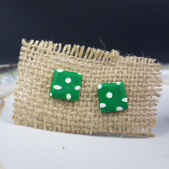 Square Polkadot Pattern Green & White Post Handmade Earrings