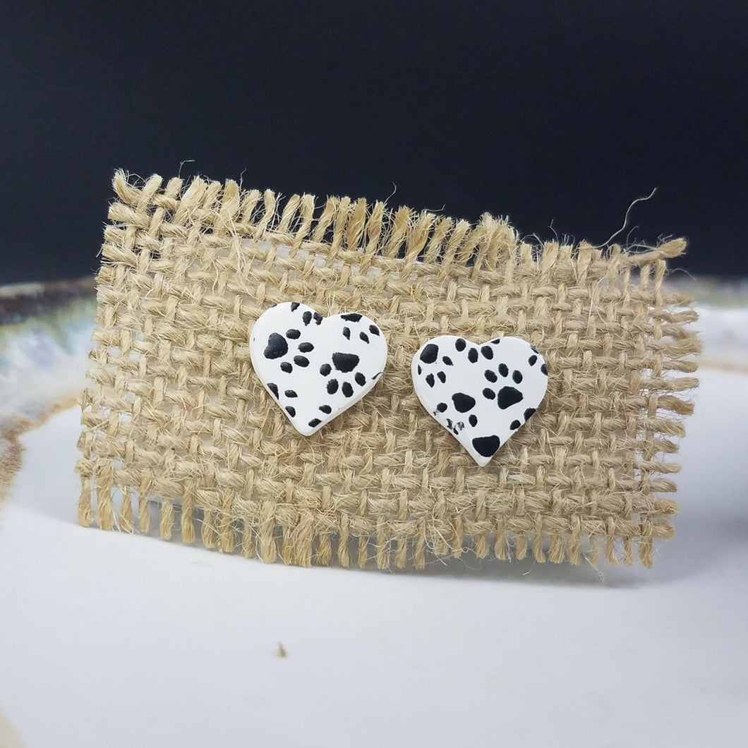 Heart Pawprint Pattern Black & White Post Handmade Earrings
