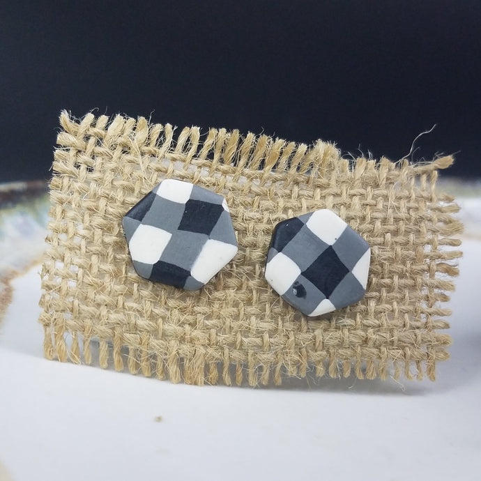Hexagon Buffalo Plaid Pattern Black & White Post Handmade Earrings