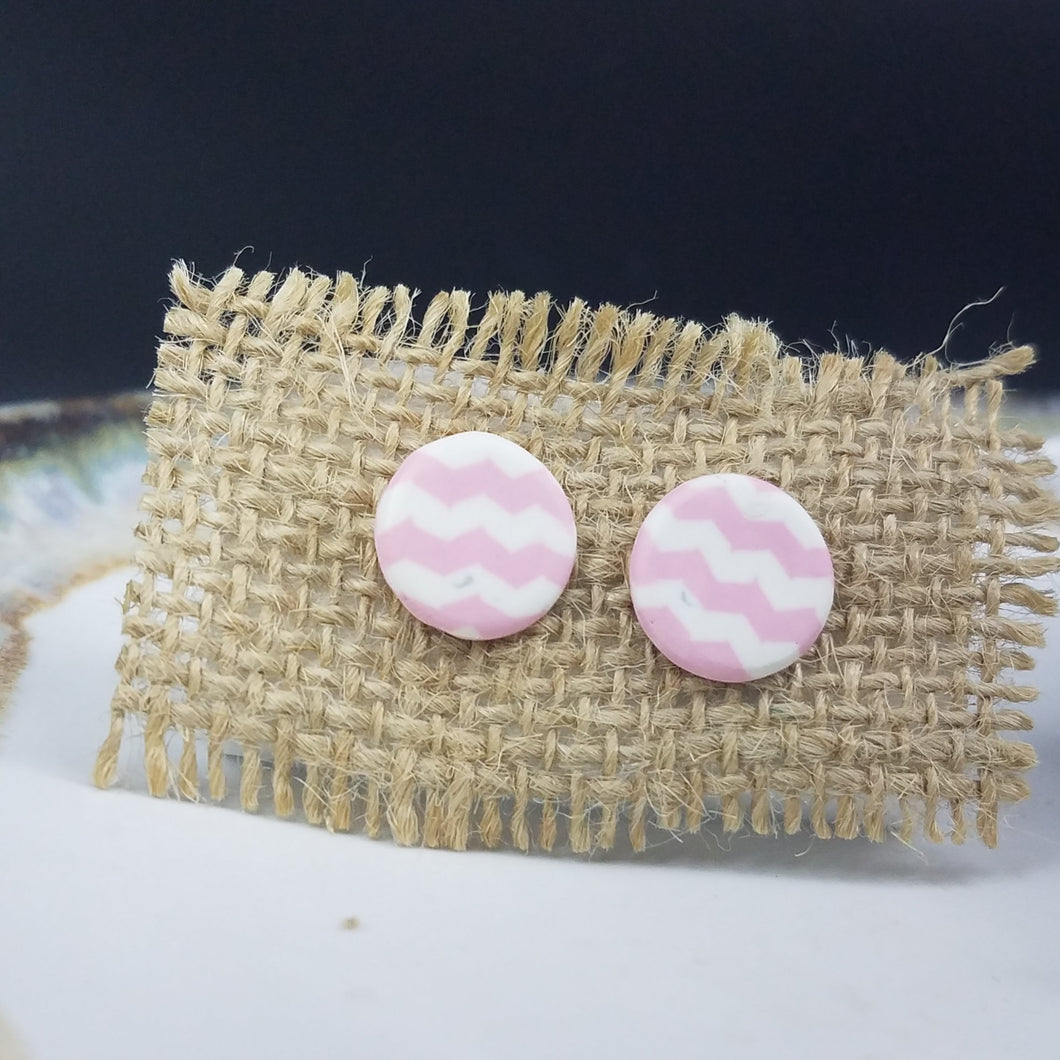 Circle Chevron Pattern Pink & White Post Handmade Earrings