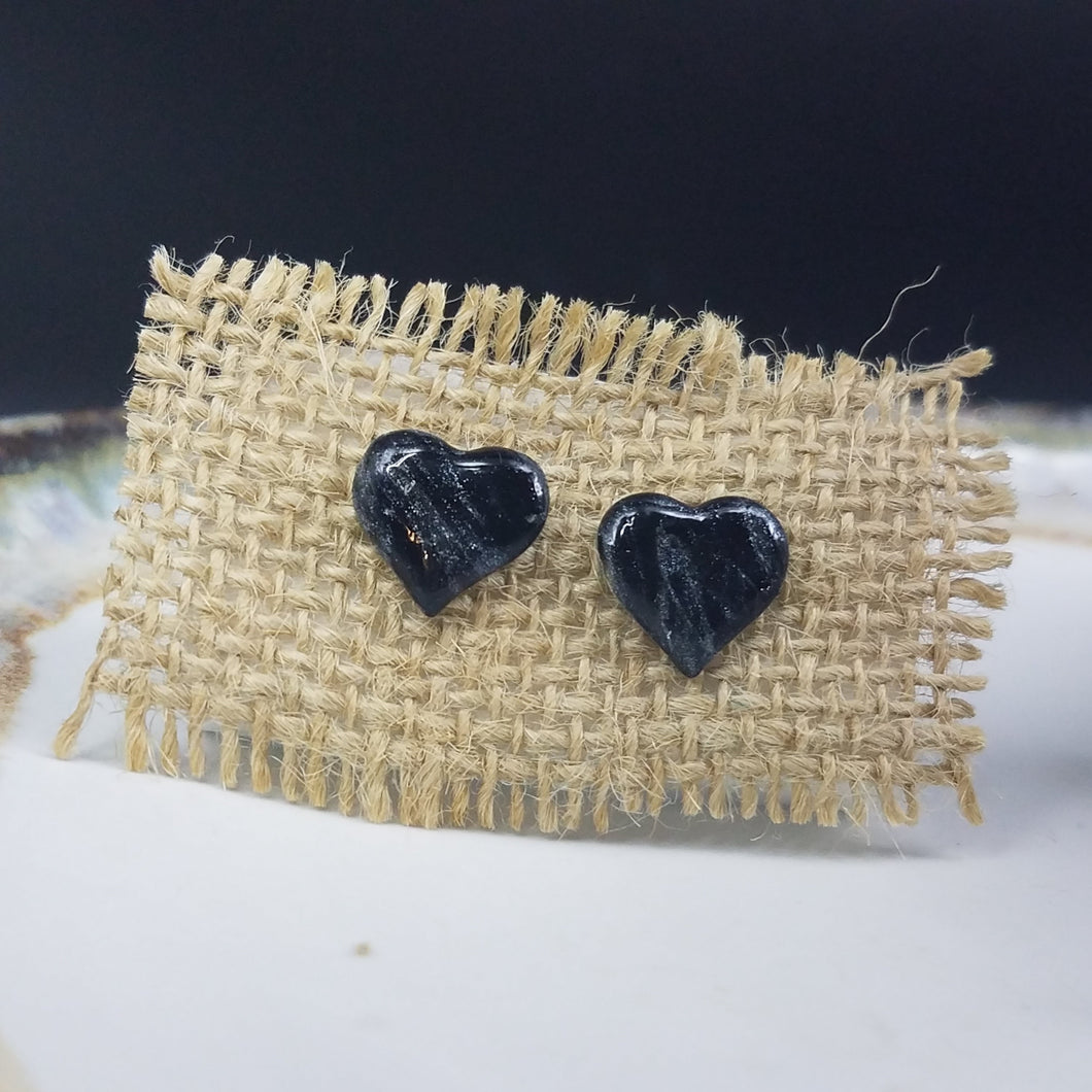 Heart Marble Pattern Black & Silver Post Handmade Earrings