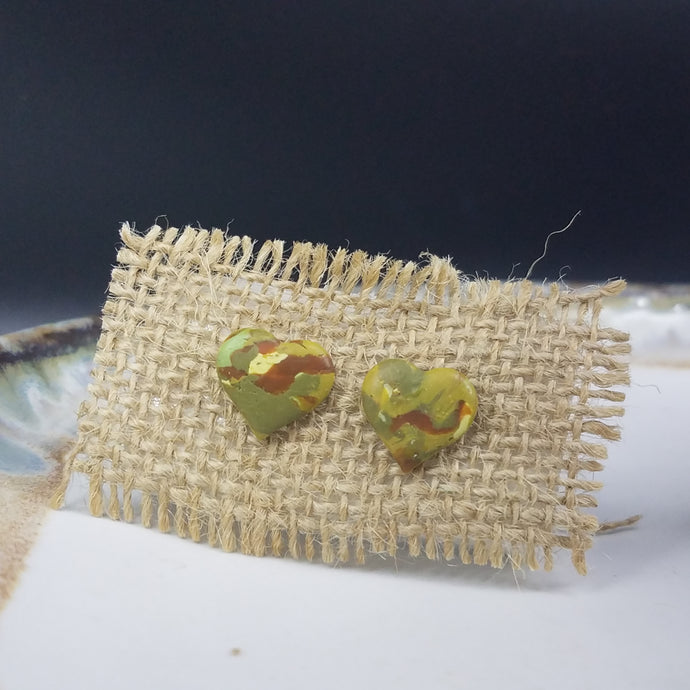 Heart Camoflauge Pattern Green Post Handmade Earrings