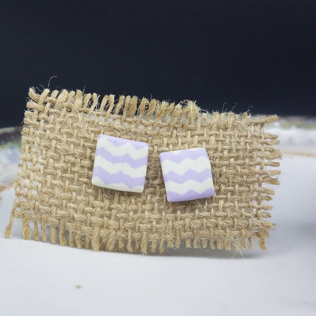 Square Chevron Pattern Purple & White Post Handmade Earrings