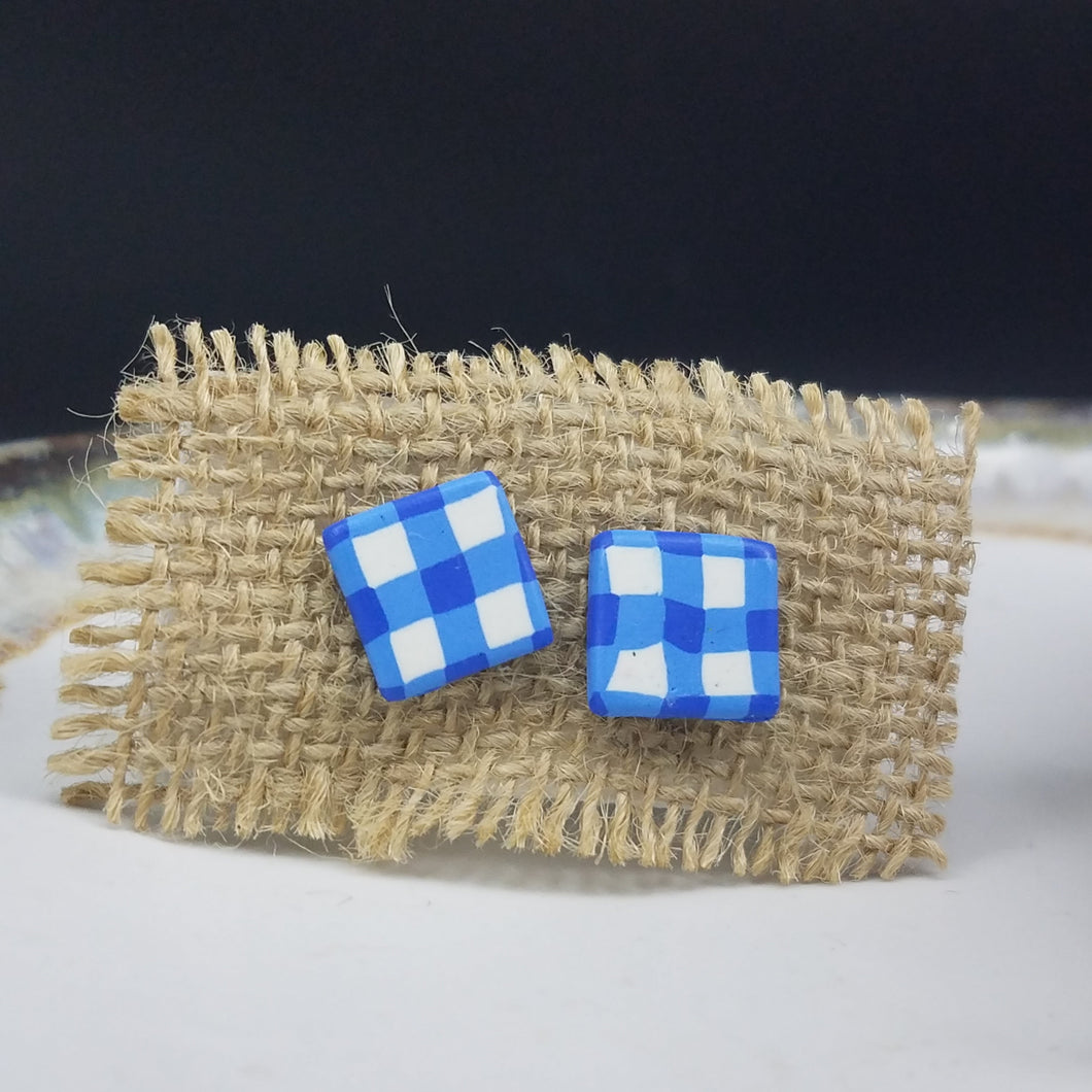 Square Chevron Pattern White & Lt. Blue Post Handmade Earrings