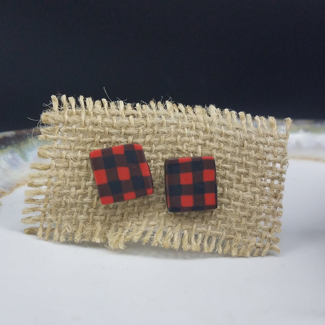 Square Buffalo Plaid Pattern Black & Red Post Handmade Earrings