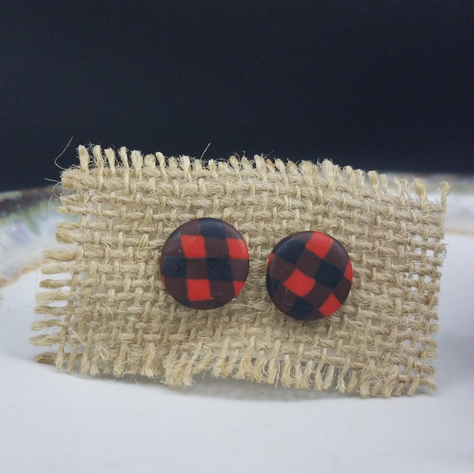 Circle Buffalo Plaid Pattern Black & Red Post Handmade Earrings