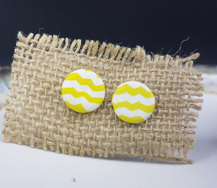 Circle Chevron Pattern White & Yellow Post Handmade Earrings