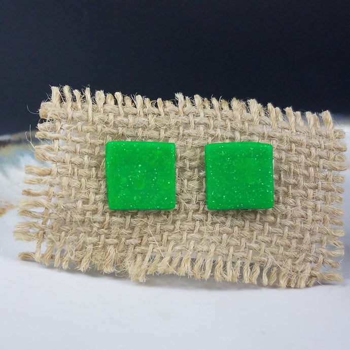 Square Speckled Pattern Green & Silver Post Handmade Earrings