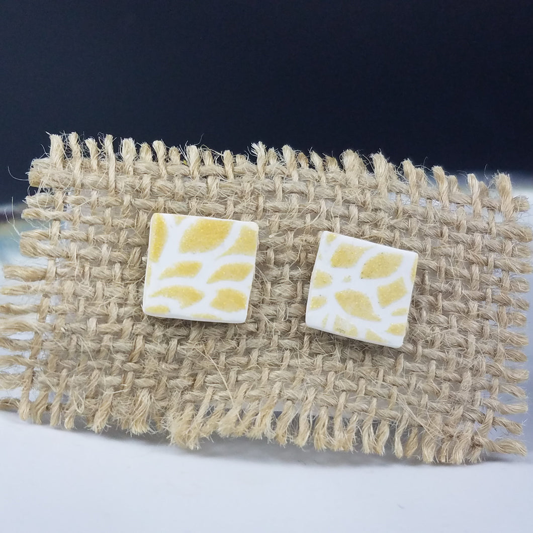 Square Floral Pattern Gold & White Post Handmade Earrings