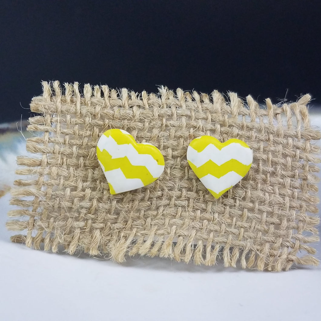 Heart Chevron Pattern White & Yellow Post Handmade Earrings