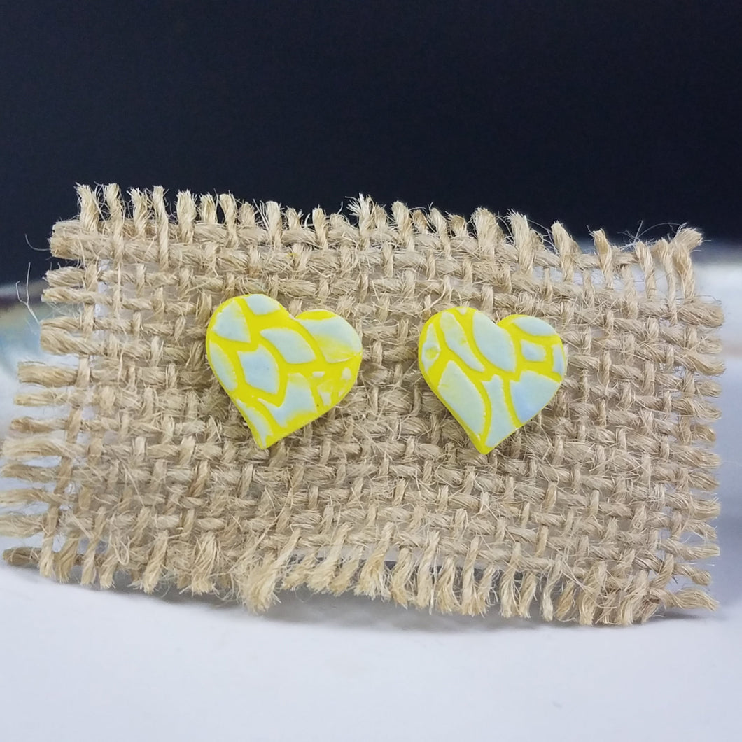 Heart Floral Pattern Blue & Yellow Post Handmade Earrings