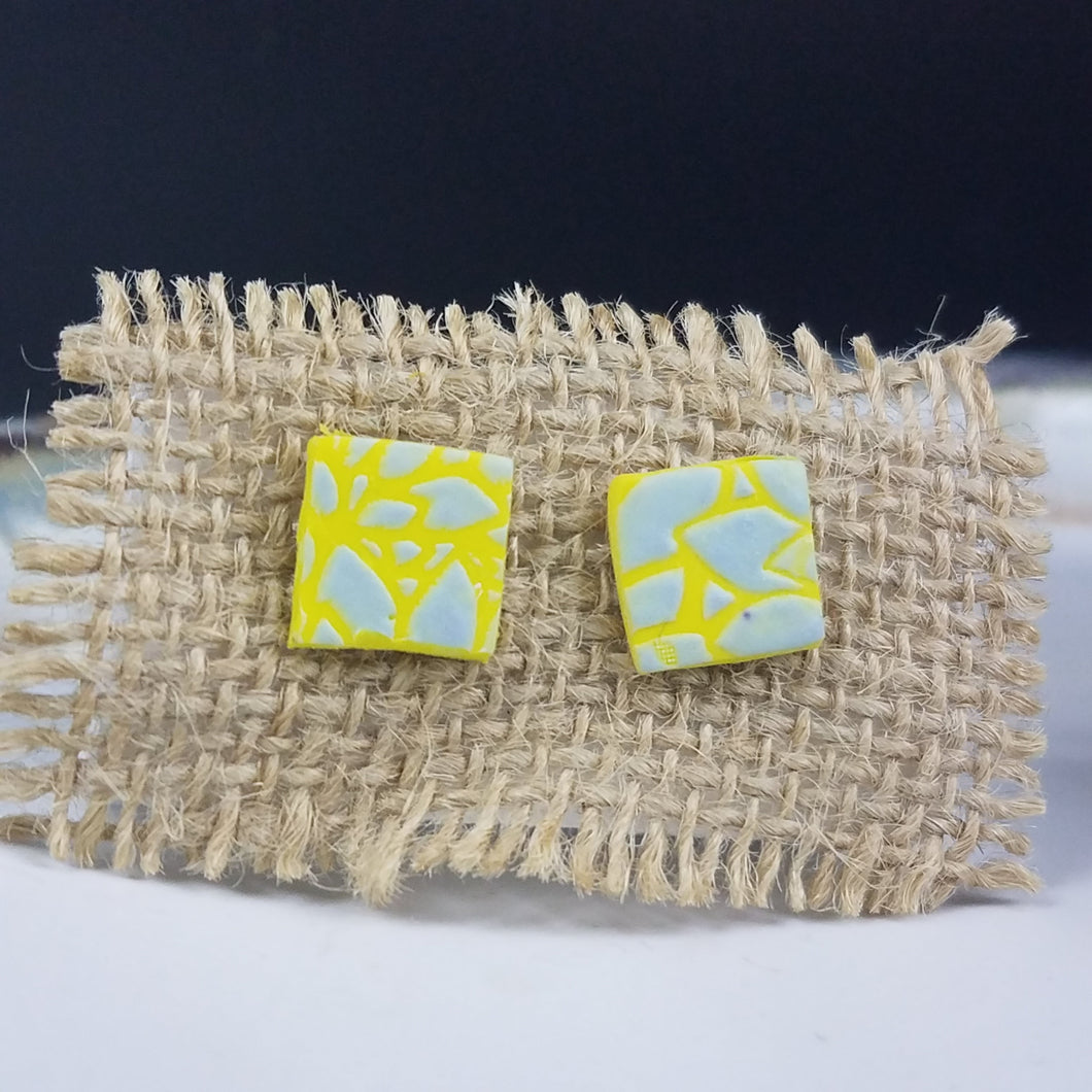 Square Floral Pattern Blue & Yellow Post Handmade Earrings