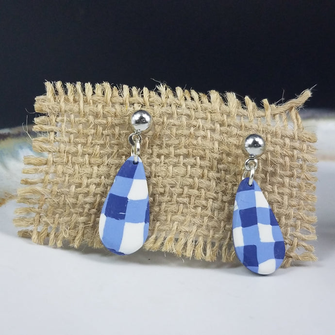 Teardrop Buffalo Plaid Pattern Blue & White Post Dangle Handmade Earrings