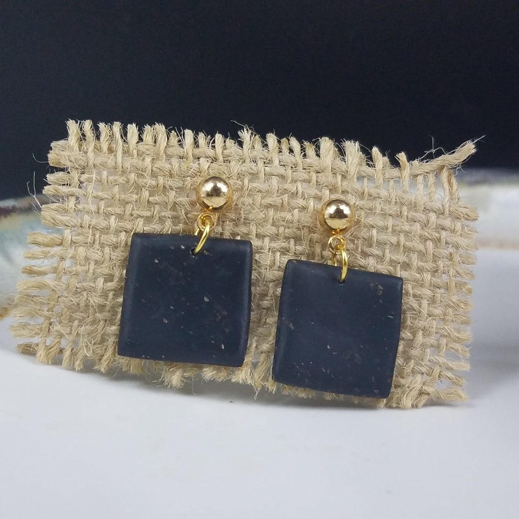Square Speckled Pattern Black & Gold Post Dangle Handmade Earrings