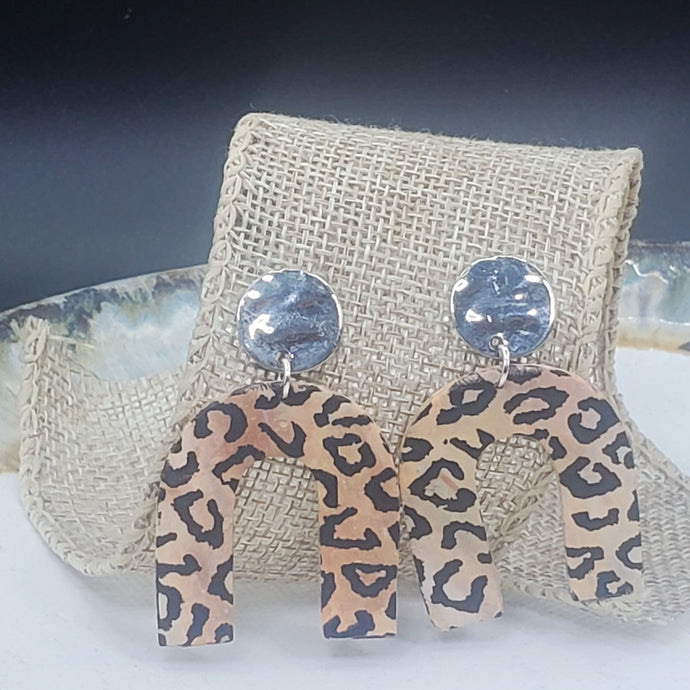 Double Circle & Arch Leopard Print Pattern Black & Peach Post Handmade Earrings