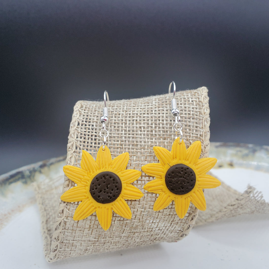 Large Sunflower Brown & Yellow Dangle Handmade Earrings