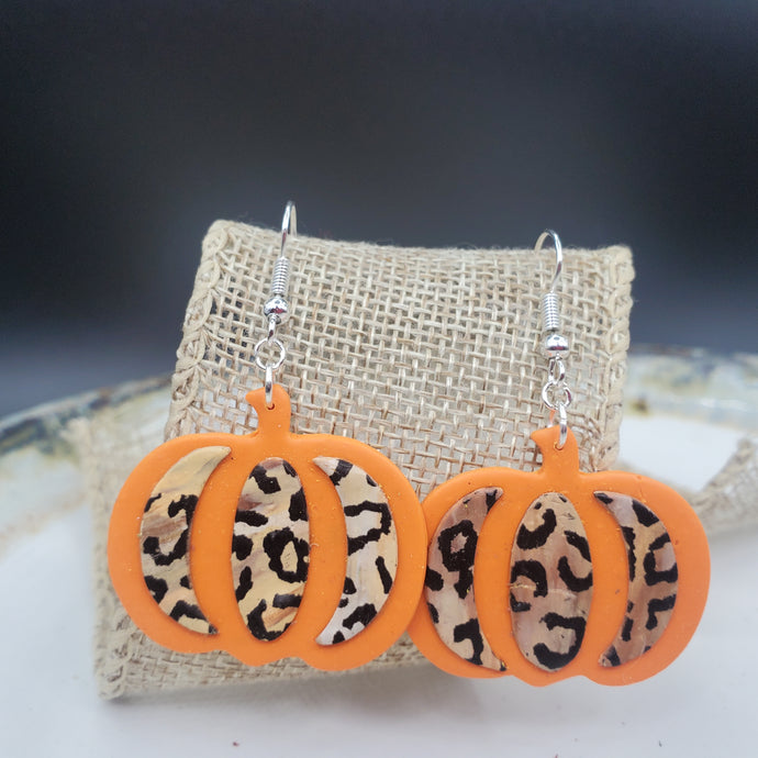 L Wide Orange Pumpkin with Black Leopard Print Dangle Handmade Earrings