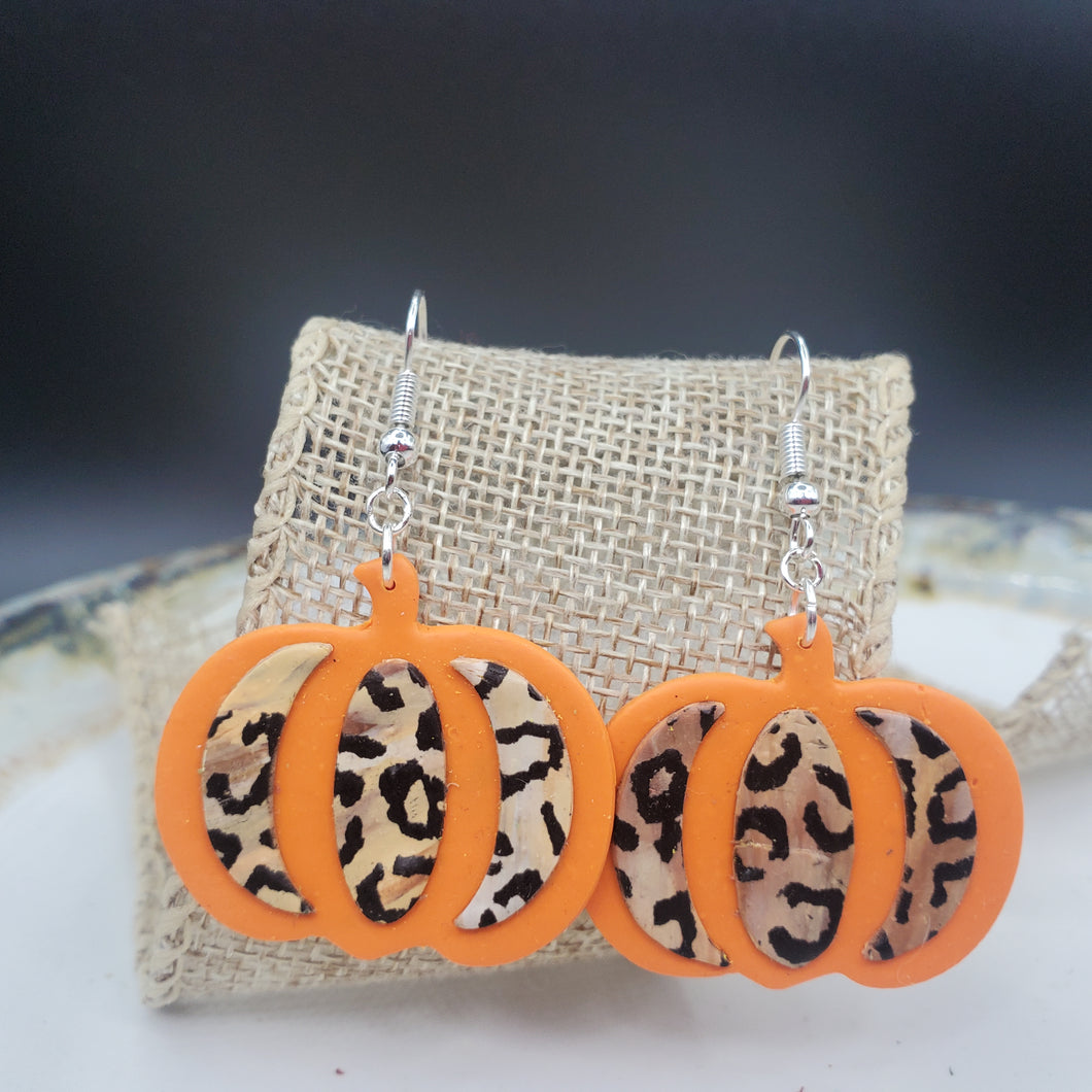 Large Wide Orange Pumpkin with Black Leopard Print Dangle Handmade Earrings