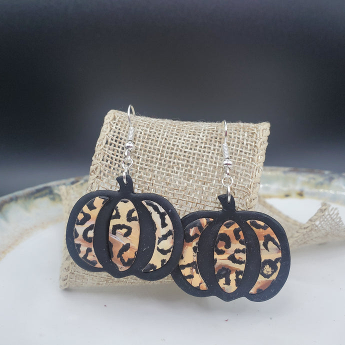 L Wide Pumpkin Black Leopard Print Dangle Handmade Earrings