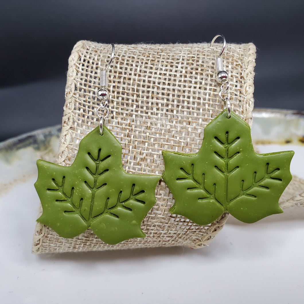 Large Leaf 2 Solid Green Dangle Handmade Earrings