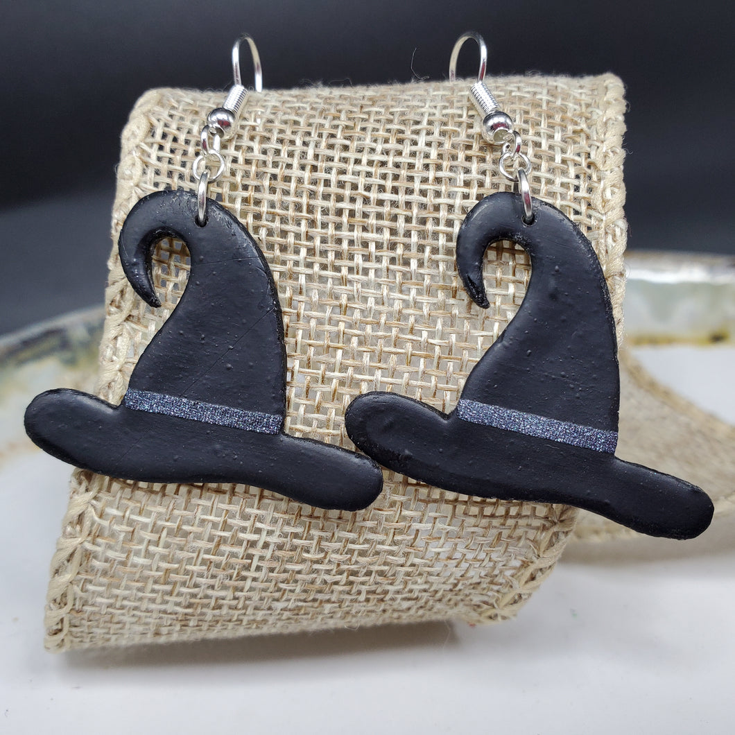Large Hat Solid Black Dangle Handmade Earrings