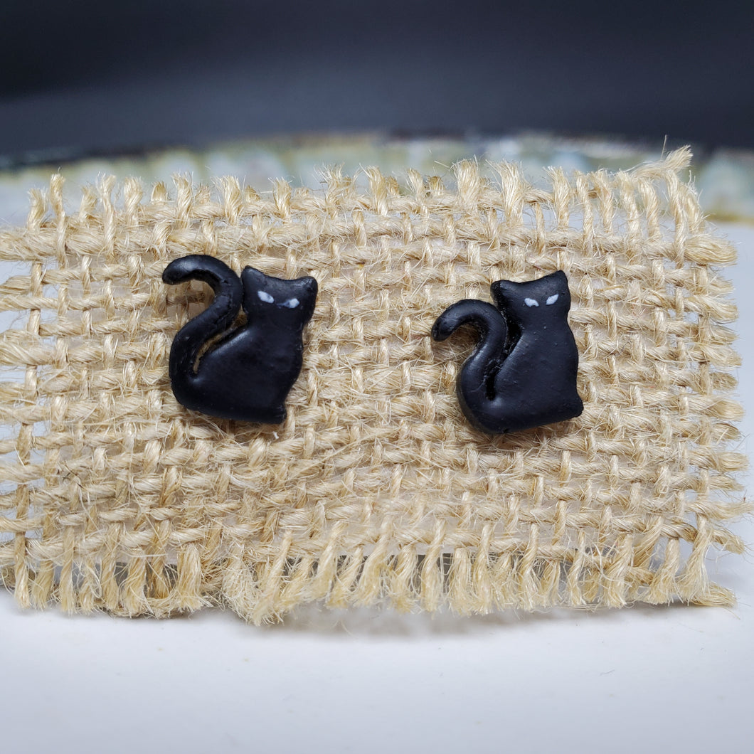 Cat Solid Black Post Handmade Earrings
