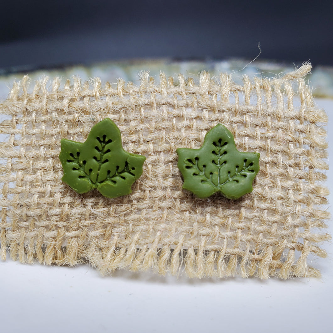 S Leaf 2 Solid Green Post Handmade Earrings