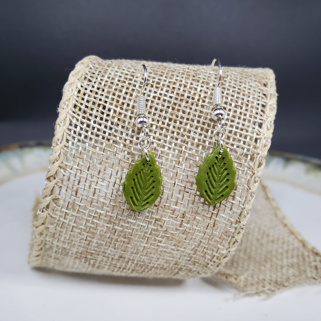Small Leaf 1 Solid Green Dangle Handmade Earrings