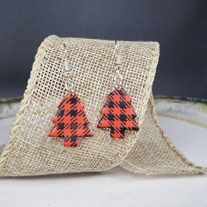 M Christmas Tree Red/Black Buffalo Plaid Dangle Handmade Earrings