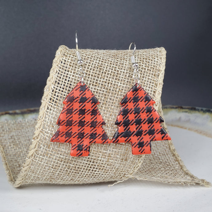 L Christmas Tree Red/Black Buffalo Plaid Dangle Handmade Earrings