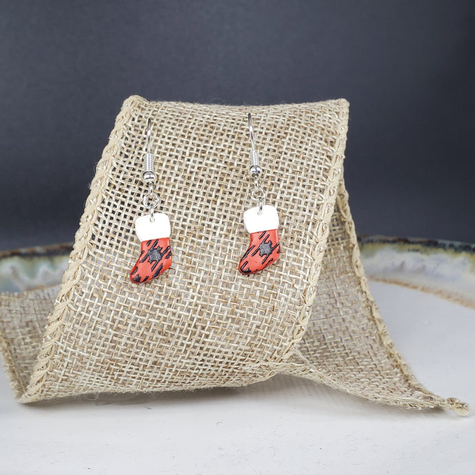 S Stocking Red/Black Buffalo Plaid Dangle Handmade Earrings