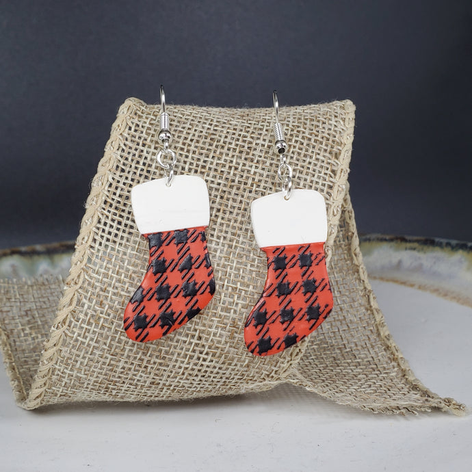 L Stocking Red/Black Buffalo Plaid Dangle Handmade Earrings