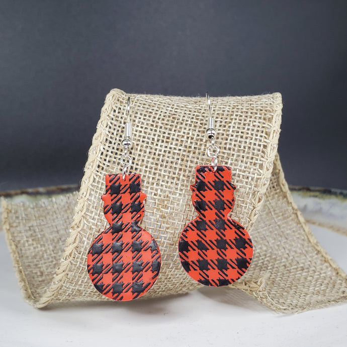 L Snowman Red/Black Buffalo Plaid Dangle Handmade Earrings
