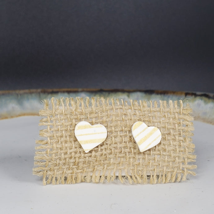 Heart Gold and White Stripe Post Handmade Earrings