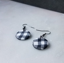 Load image into Gallery viewer, White Buffalo Plaid Polymer Clay Circle Dangle Earrings
