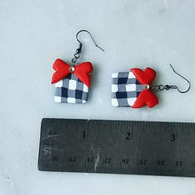 Load image into Gallery viewer, White Buffalo Plaid &amp; Red Bow Polymer Clay Square Dangle Handmade Earrings
