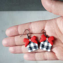 Load image into Gallery viewer, White Buffalo Plaid &amp; Red Bow Polymer Clay Square Dangle Earrings
