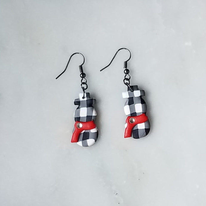 White Buffalo Plaid & Snowman with Red Scarf Polymer Clay Dangle Handmade Earrings