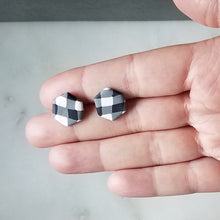 Load image into Gallery viewer, White Buffalo Plaid Polymer Clay Hexagon Post Earring
