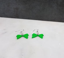 Load image into Gallery viewer, Green and Silver Christmas Bow with Swarovski Crystal Dangle Earrings
