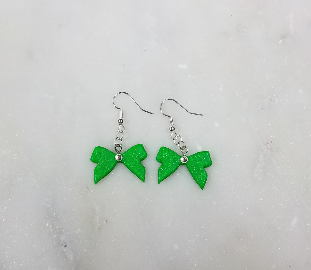 Green and Silver Christmas Bow with Swarovski Crystal Dangle Earrings